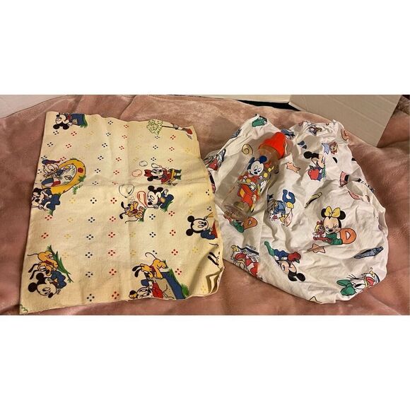 Dundee Vintage Disney Babies Mickey Mouse Crib Sheet Wet Pad & Baby Bottle Lot - Picture 2 of 9